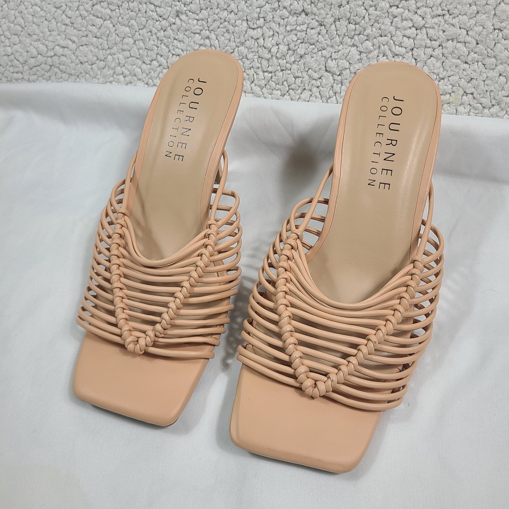 Journee Collection Womens 7.5 Nude Strappy Cage Square Toe Kitten Heel Mules